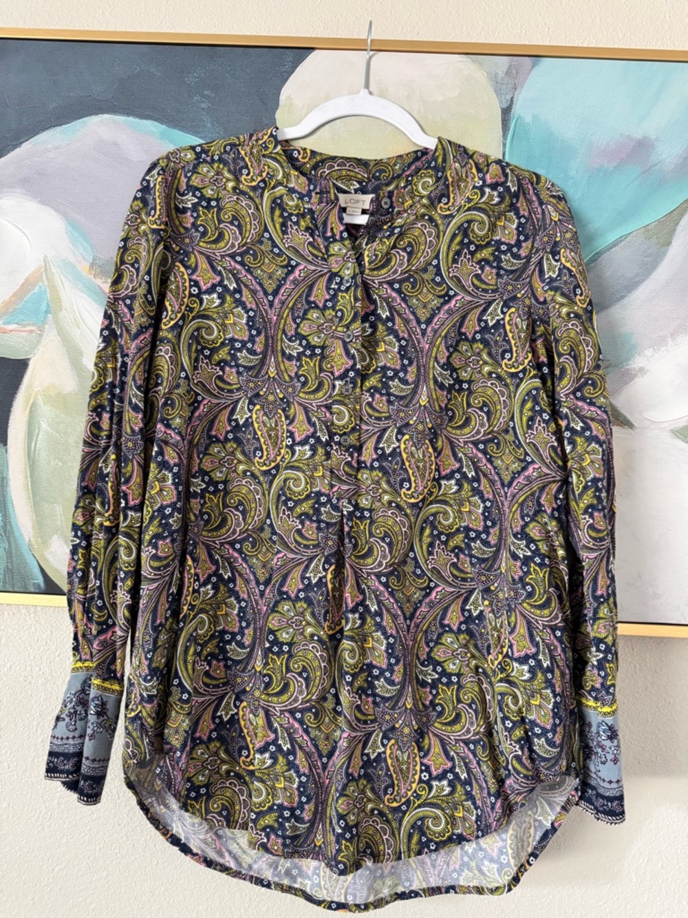 LOFT Paisley Button-Front Blouse with Pink & Olive Accents Size S